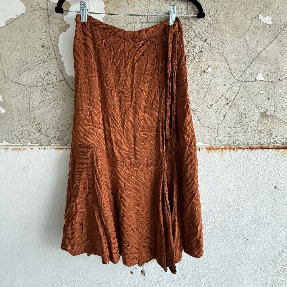 Anthropologie Maeve Midi Skirt Satin Jacquard Copper Tie Waist Crinkle A Line 8 - Picture 1 of 7